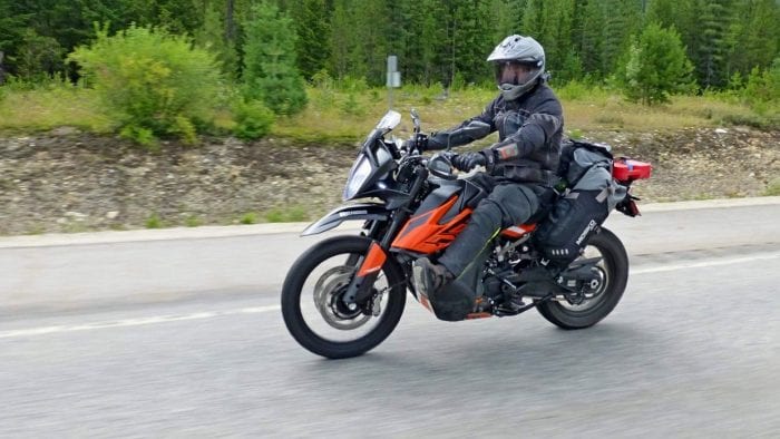 Jim Pruner riding a 790 adventure while wearing the Joe Rocket Canada Whistler Adventure boots.