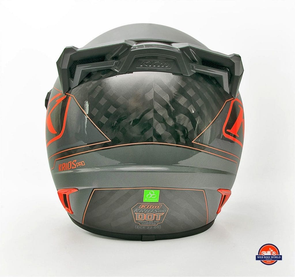 Wavy patterns of carbon fiber material on the back of the Klim Krios Pro helmet.