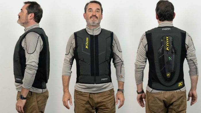 Front, side, and rear view of user wearing Klim Ai-1 airbag vest Front, side, and rear view of user wearing Klim Ai-1 airbag vest