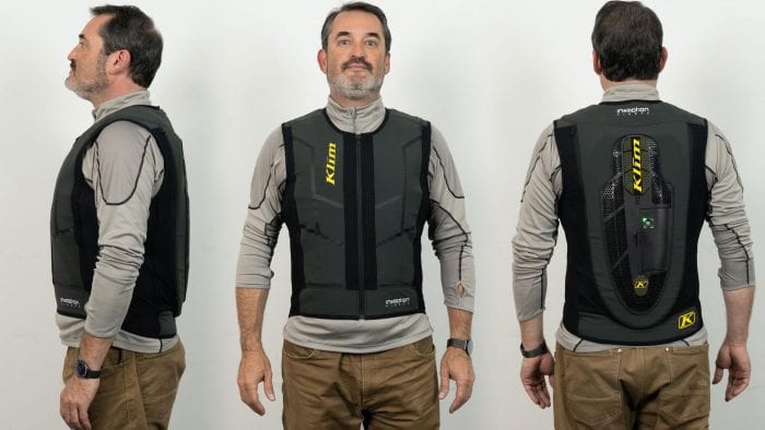 Front, side, and rear view of user wearing Klim Ai-1 airbag vest