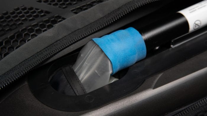 Closeup of Klim Ai-1 Airbag Vest gas generated and airbag connection. Closeup of Klim Ai-1 Airbag Vest gas generated and airbag connection.