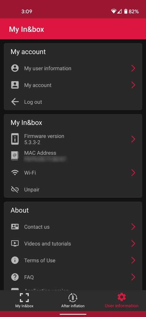 My In&box app account settings screen
