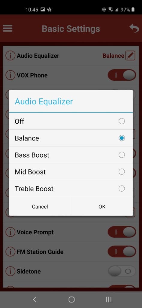 Sena 5S Bluetooth System audio equalizer screen