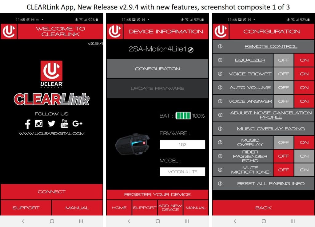 CLEARlink App software screens