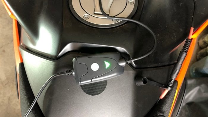 The Gerbing temperature controller switch attached to the fuel tank on a KTM 790 Adventure.