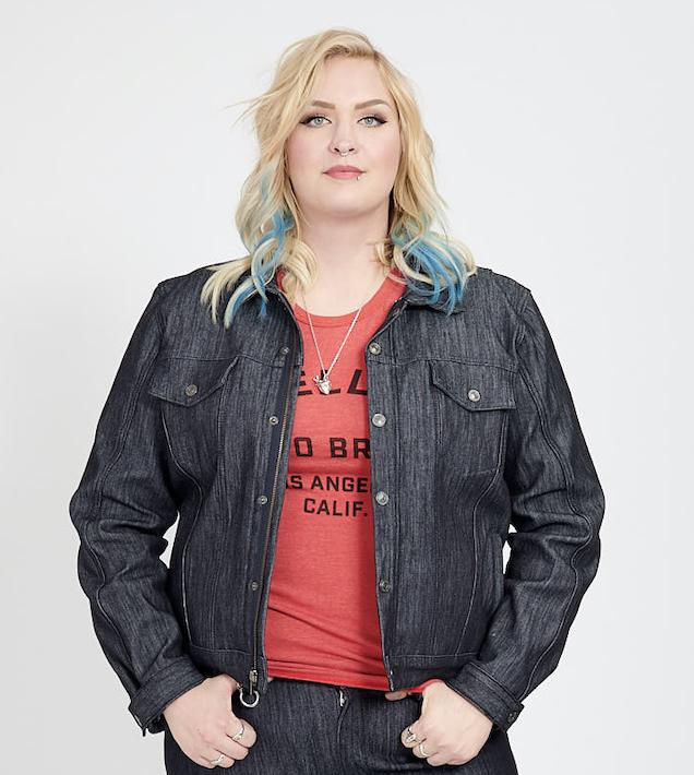 Full-figured female wearing Stellar Moto Horizon Dyneema Jean Jacket