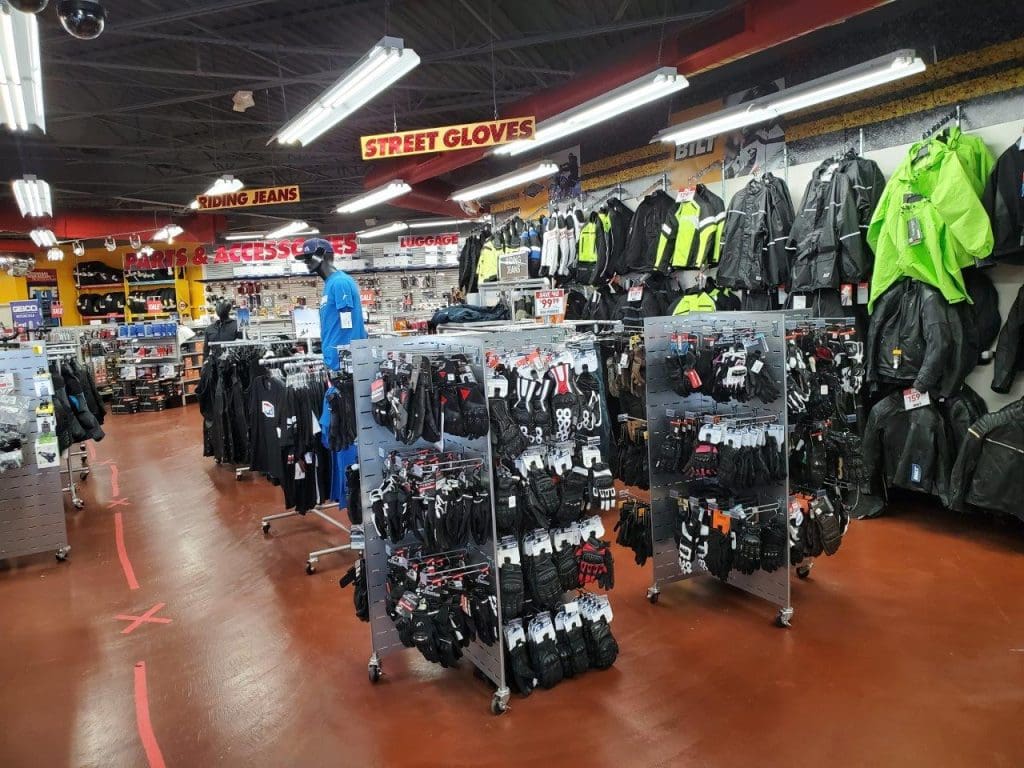 Motorcycle gear shop with various gear for sale