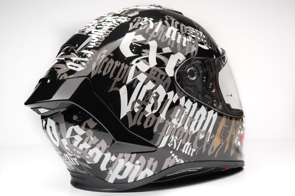 Rear view of the EXO R1 helmet that shows rear spoiler