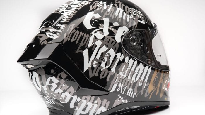 Rear view of the EXO R1 helmet that shows rear spoiler