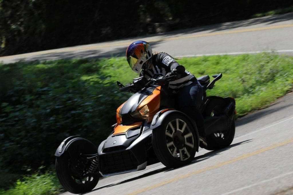 Rider in sport mode taking turns on Can-Am Ryker 900 Rally Edition