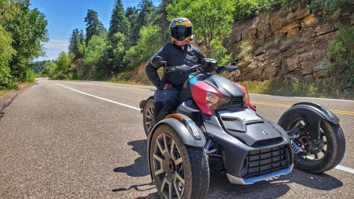 Rider next to the side of highway on Can-Am Ryker 900 Rally Edition