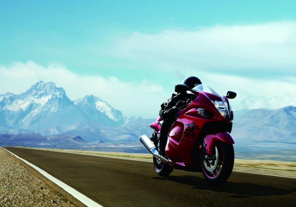 Rider on a red Suzuki Hayabusa