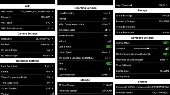 INNOVV camera software settings