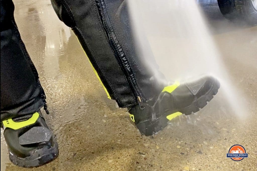 Using a pressure washer to simulate riding in the rain on my Klim Adventure GTX boots.