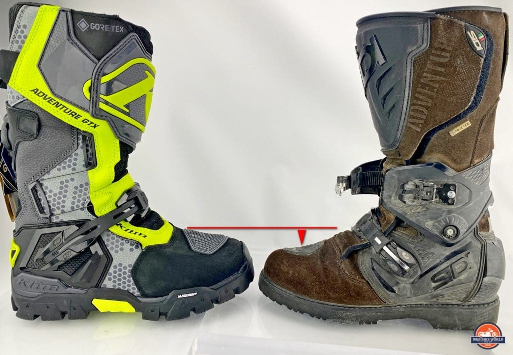 This photo shows the significant height difference between the toe boxes on the Klim Adventure GTX and Sidi Adventure 2 Gore-Tex boots.