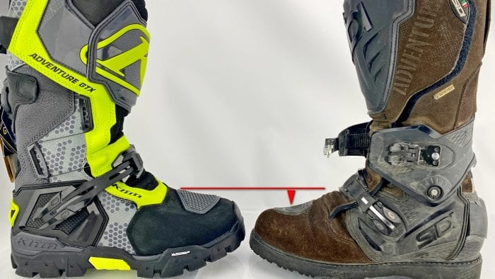 This photo shows the significant height difference between the toe boxes on the Klim Adventure GTX and Sidi Adventure 2 Gore-Tex boots. This photo shows the significant height difference between the toe boxes on the Klim Adventure GTX and Sidi Adventure 2 Gore-Tex boots.