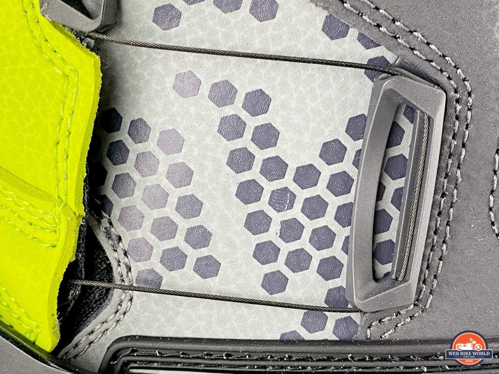 The laces of the BOA system tensioned up on the Klim Adventure GTX boots.