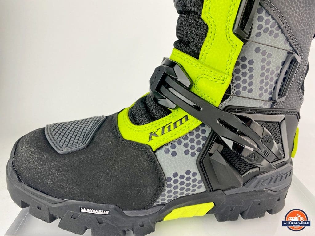 The outside view of a left Klim Adventure GTX boot.