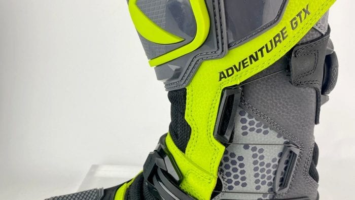 A side view of a left, Klim Adventure GTX boot.