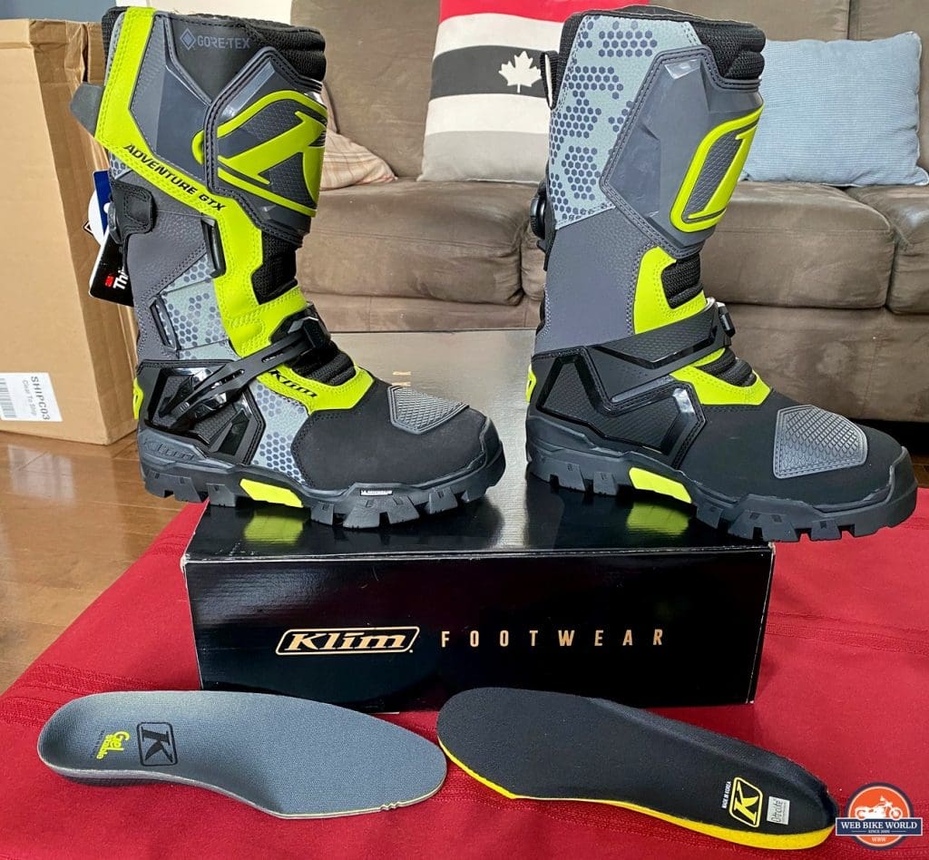 The Klim Adventure GTX boots sitting in my living room after unboxing them.