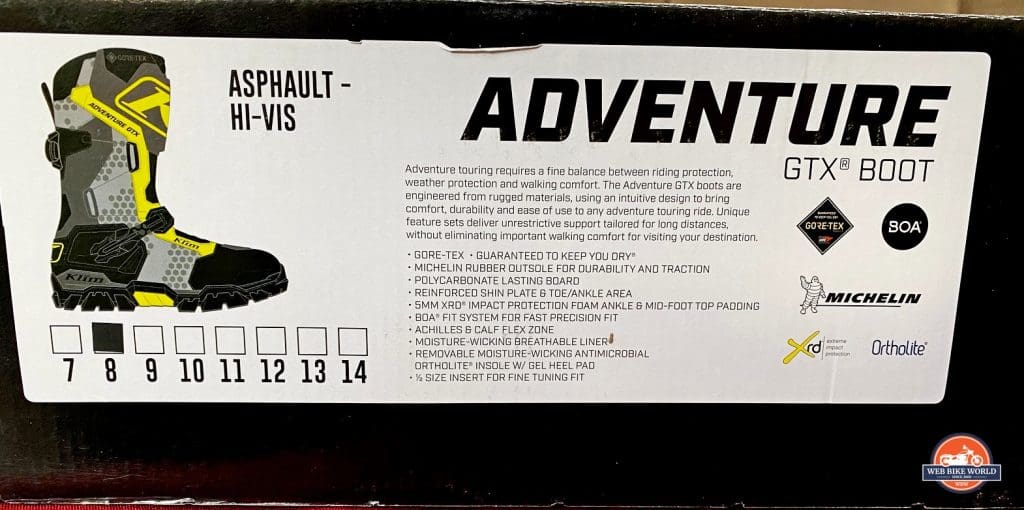 The list of features found on the side of the box for the Klim Adventure GTX boots.