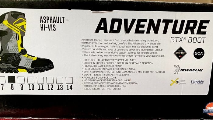 The list of features found on the side of the box for the Klim Adventure GTX boots. The list of features found on the side of the box for the Klim Adventure GTX boots.