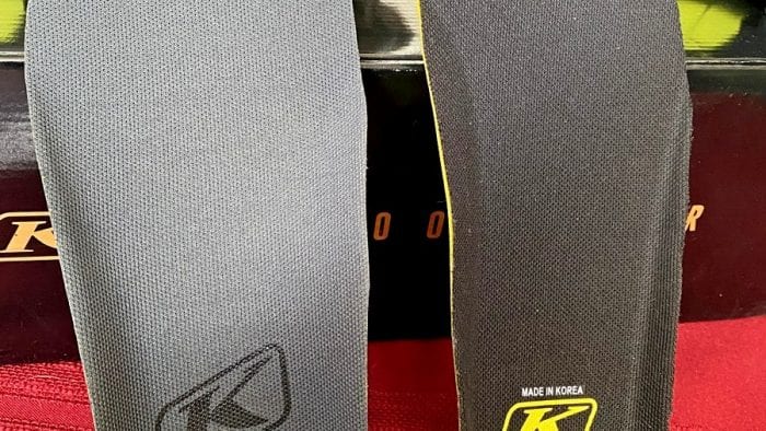 The two kinds of insoles Klim includes with the GTX Adventure boots. The two kinds of insoles Klim includes with the GTX Adventure boots.