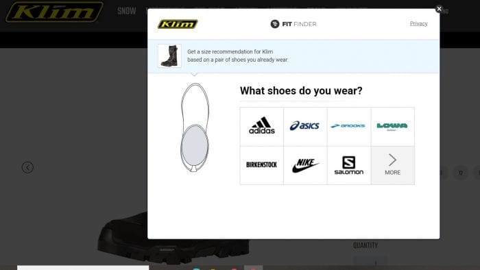 Klim's fit wizard screen from their website. Klim's fit wizard screen from their website.