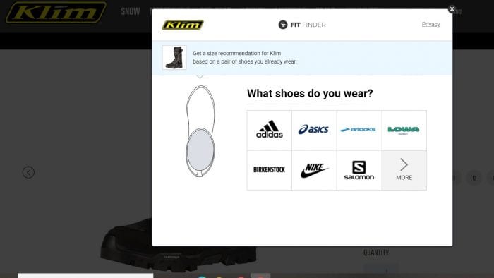 Klim's fit wizard screen from their website.