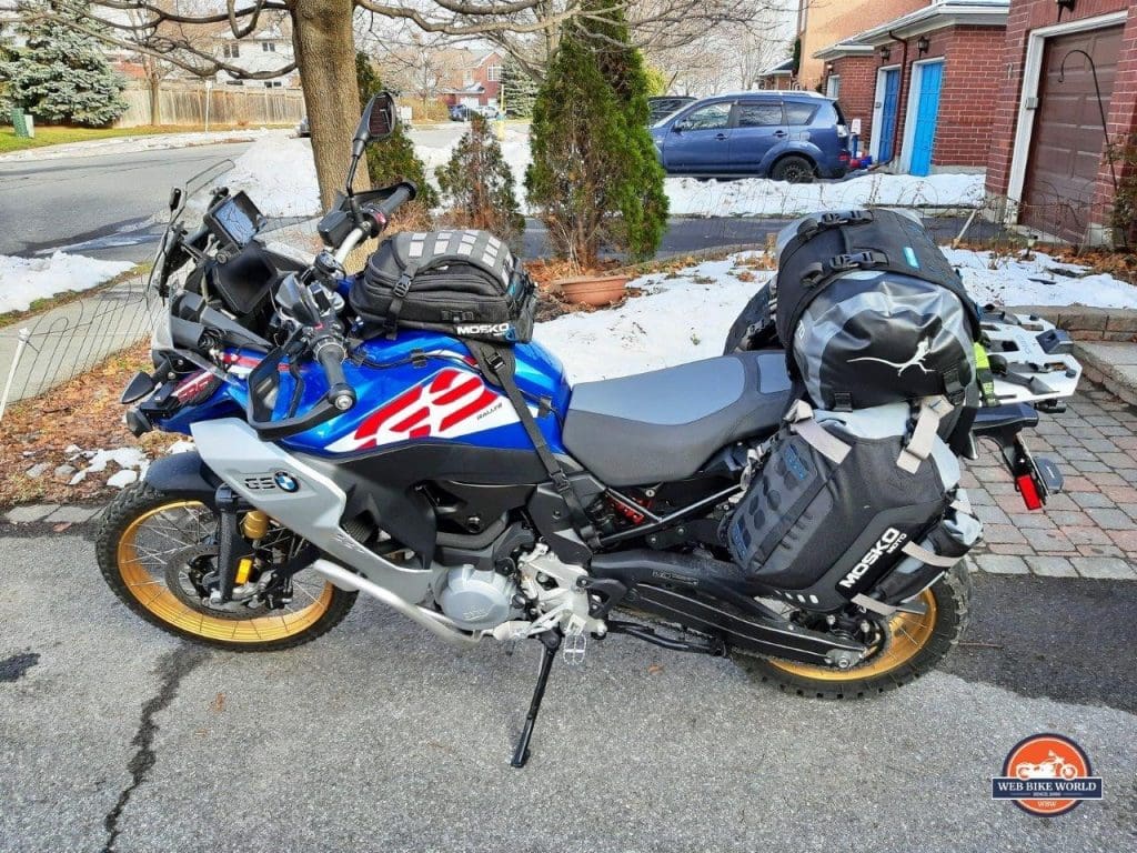 A 2020 BMW F850GS Adventure with Mosko Moto Reckless 80L V3.0 Revolver luggage on it.