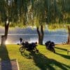 Motorcycle camping beside Swan Lake in Vernon, British Columbia, Canada.