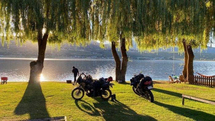 Motorcycle camping beside Swan Lake in Vernon, British Columbia, Canada. Motorcycle camping beside Swan Lake in Vernon, British Columbia, Canada.
