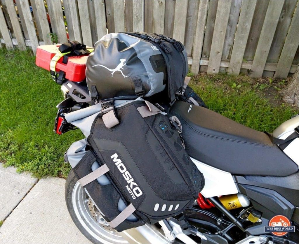 The Mosko Moto Reckless 80L v3.0 Revolver luggage installed on a BMW F900XR.