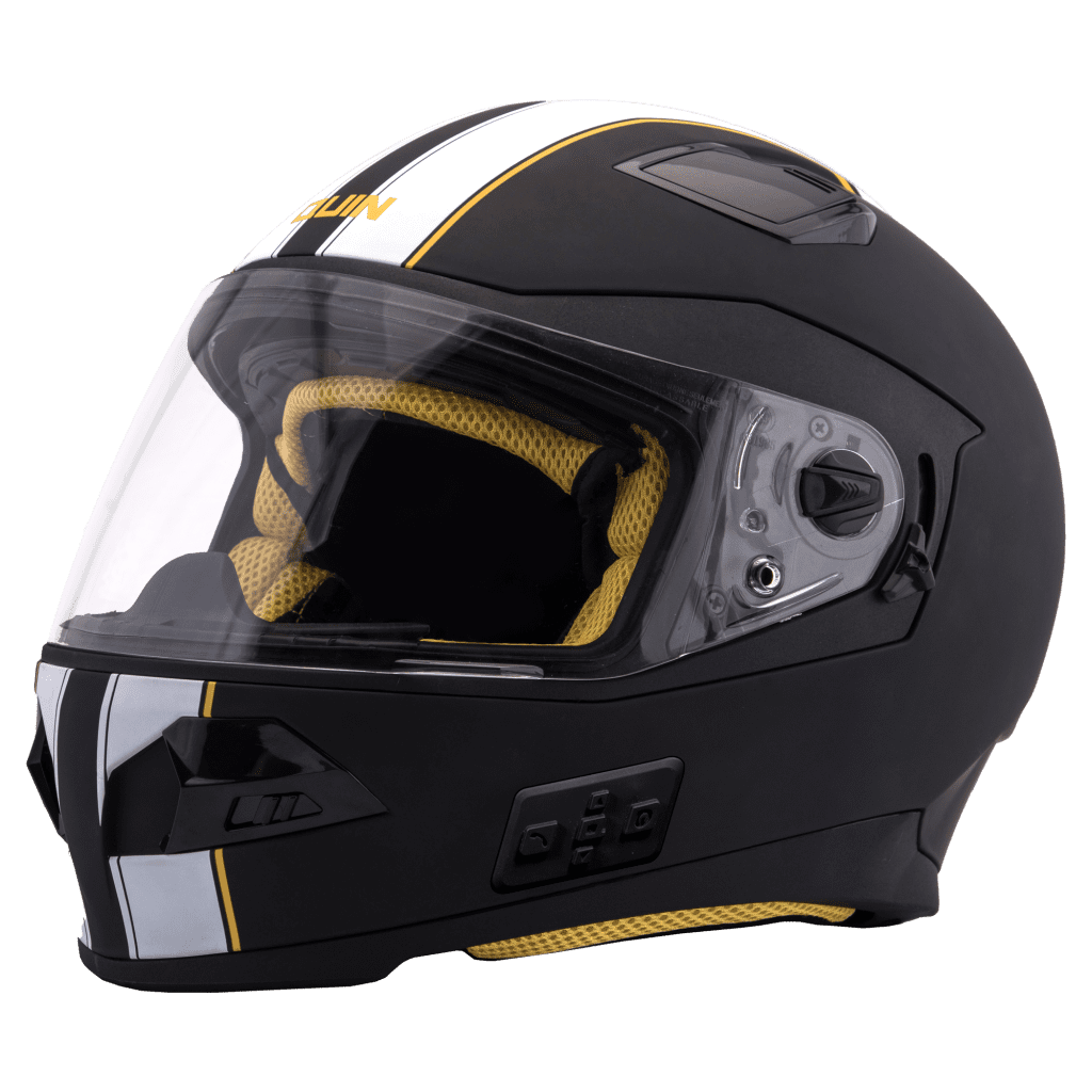 Quin Spitfire helmet in matte black with white racing stripe