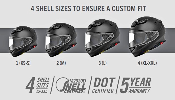 The 4 shell sizes Shoei offers on the RF-1400 helmet.
