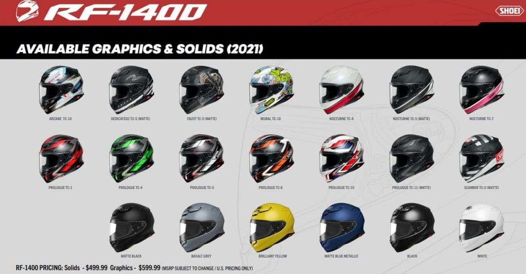 The different color schemes available for the Shoei RF-1400 helmet.