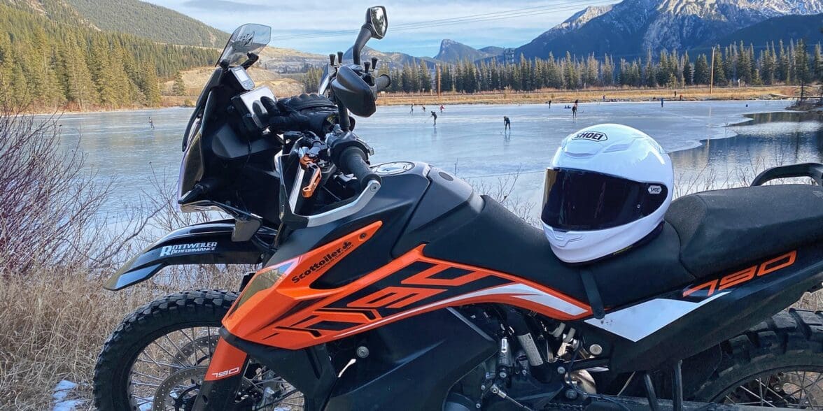 The Shoei RF-1400 parked by a frozen pond near Canmore, Alberta.