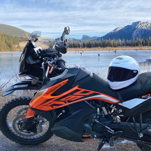 The Shoei RF-1400 parked by a frozen pond near Canmore, Alberta.