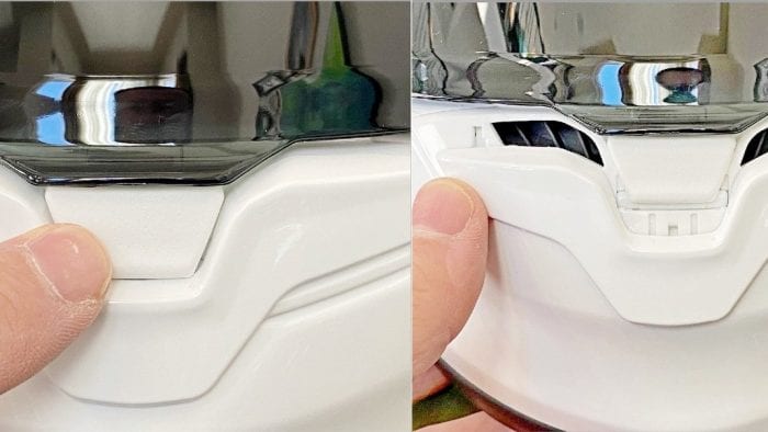 The chin bar vent in the open and closed positions on the Shoei RF-1400 helmet. The chin bar vent in the open and closed positions on the Shoei RF-1400 helmet.