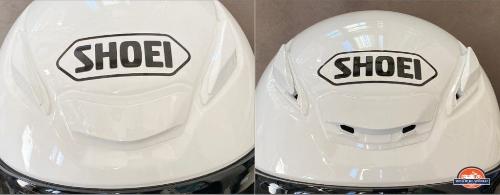 The upper vent in the open and closed positions on the Shoei RF-1400 helmet.