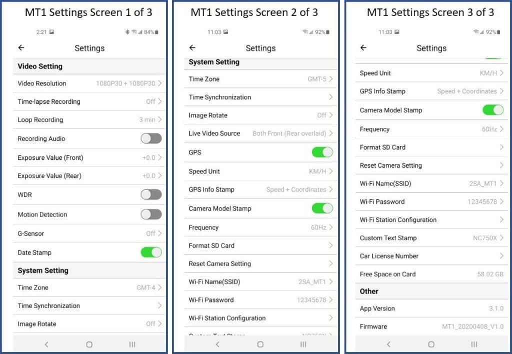 VIOFO MT1 camera settings screen