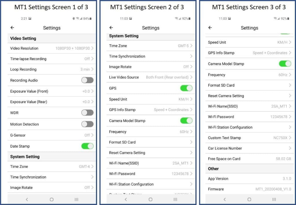 VIOFO MT1 camera settings screen