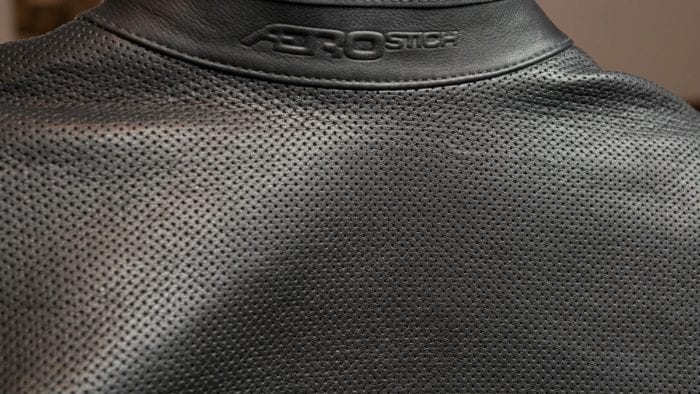 Rear closeup view of leather perforations on the Transit 3.0 suit Rear closeup view of leather perforations on the Transit 3.0 suit