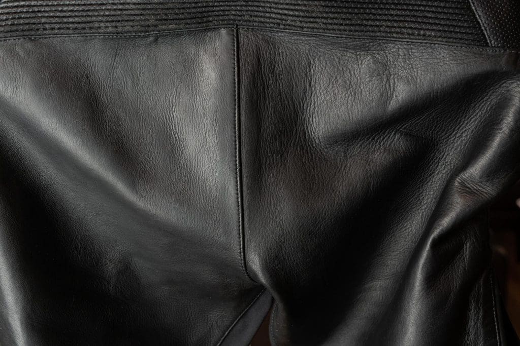 Closeup of cow hide leather used on the Aerostich 3.0 Transit suit