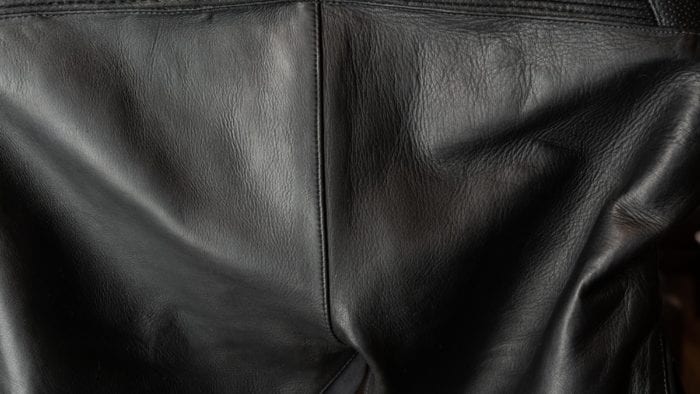 Closeup of cow hide leather used on the Aerostich 3.0 Transit suit Closeup of cow hide leather used on the Aerostich 3.0 Transit suit