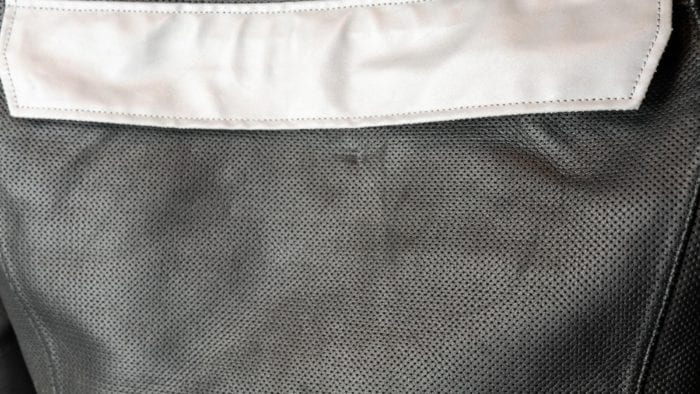 Reflector on the rear of the Aerostich jacket Reflector on the rear of the Aerostich jacket