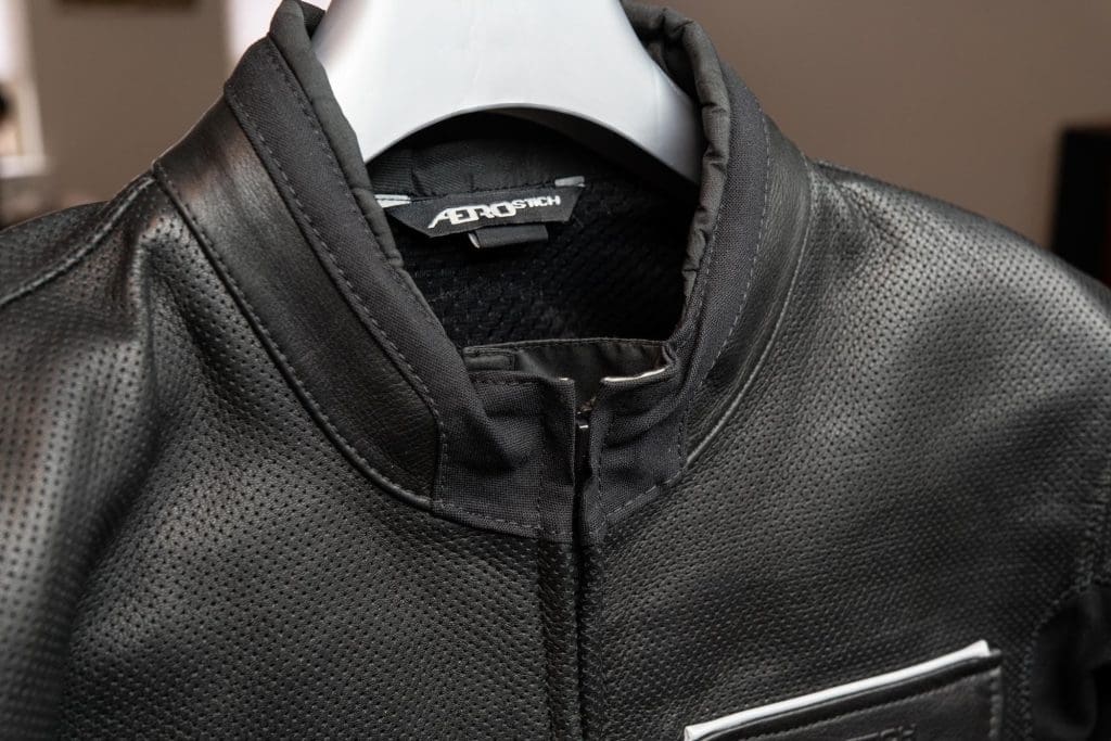 Closeup of neck material on the Aerostich jacket