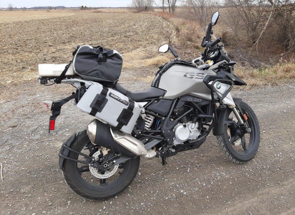 Outdoor photo of D78 bag mounted on BMW bike