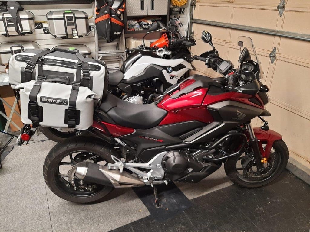 DrySpec D78 bags mounted on Honda motorcycle