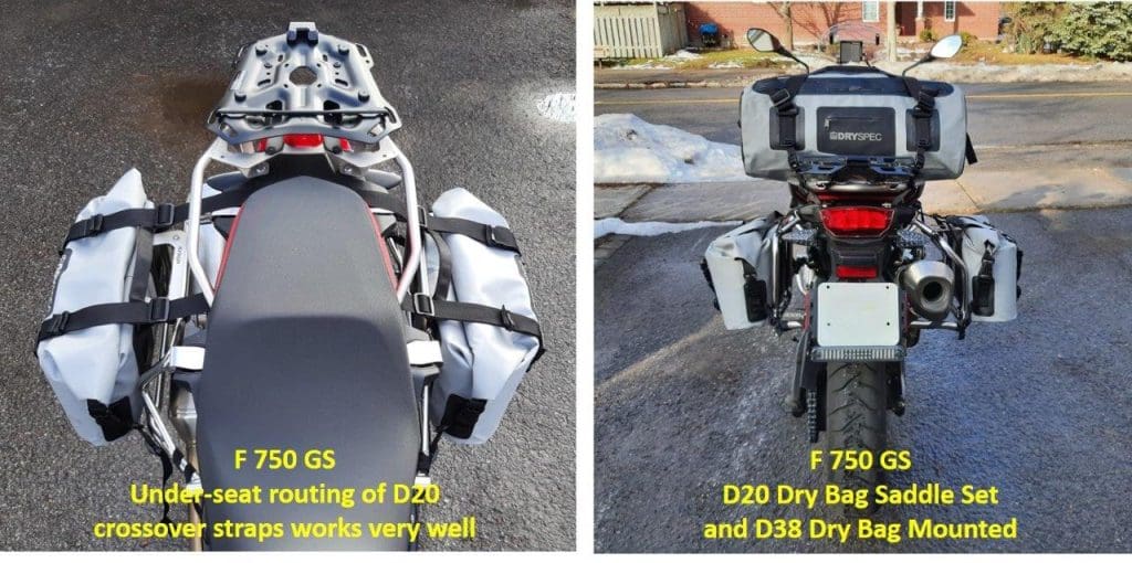 Various angles of D78 bags on motorcycle